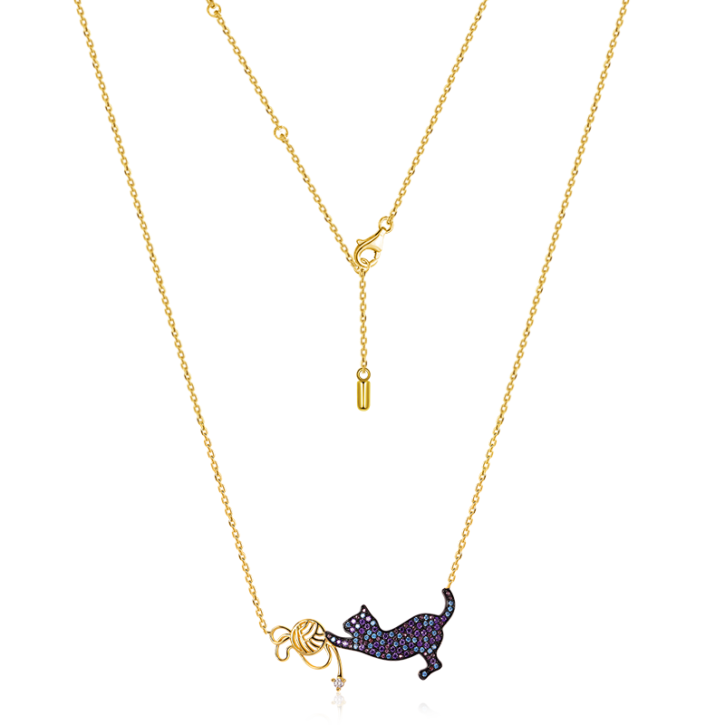 Cat Playing with Yarn Ball Necklace 925 Sterling Silver 18 Gold Plated Inlaid with Colorful CZ Stones_2