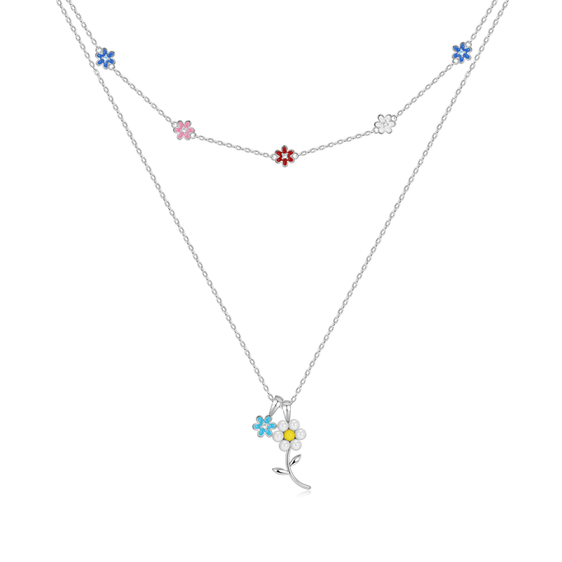 Daisy Beaded Stackable Necklace 925 Sterling Silver with Colorful Enamels_1