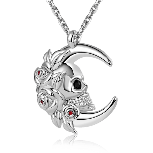 Moon Skull with Roses Necklace Sterling Silver_1