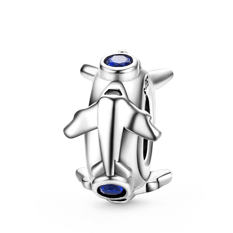 Soaring Airplane Stopper for Charm Bracelets 925 Sterling Silver Inlaid with Blue CZ Stones_1
