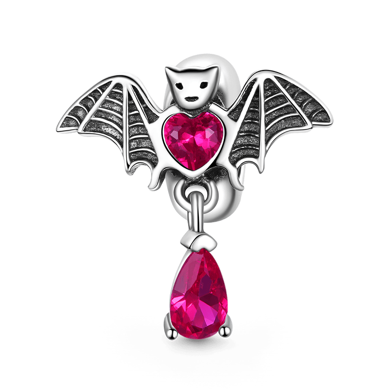 Bat Embrace Heart Stopper for Charm Bracelets 925 Sterling Silver with Fuchsia Teardrop Rhinestone Dangle_1