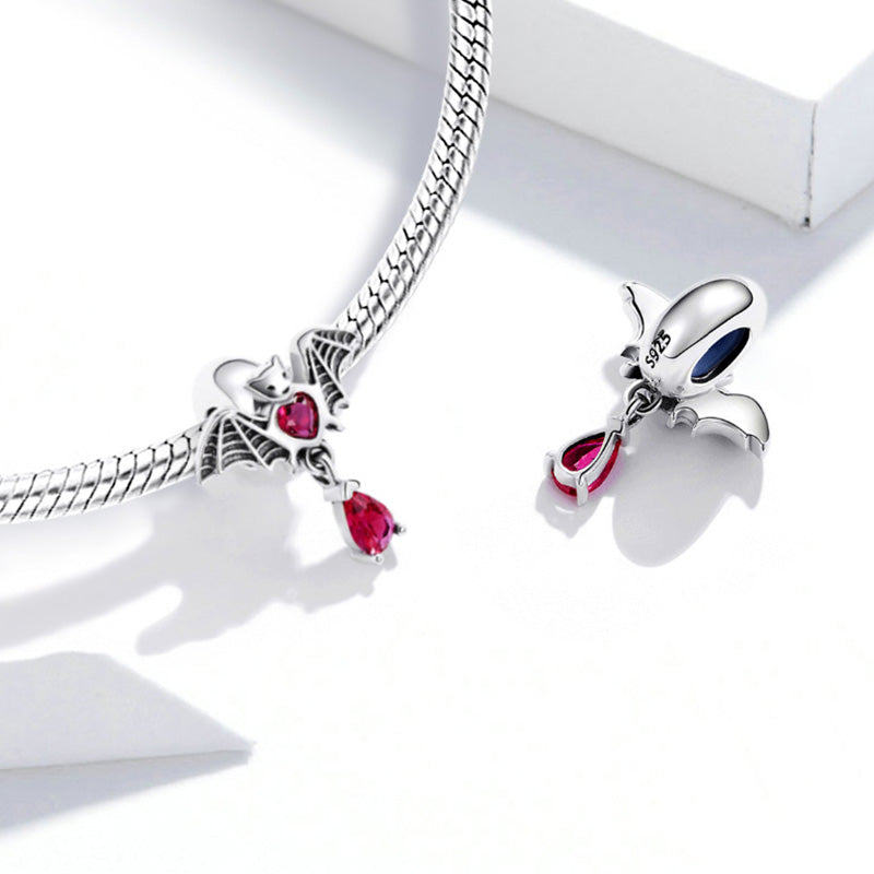 Bat Embrace Heart Stopper for Charm Bracelets 925 Sterling Silver with Fuchsia Teardrop Rhinestone Dangle_2