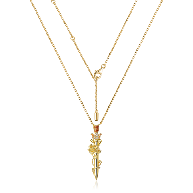 Rose Wrapped Sword Necklace 925 Sterling Silver 18K Gold Plated Inlaid with Clear & Orange CZ Stones_2