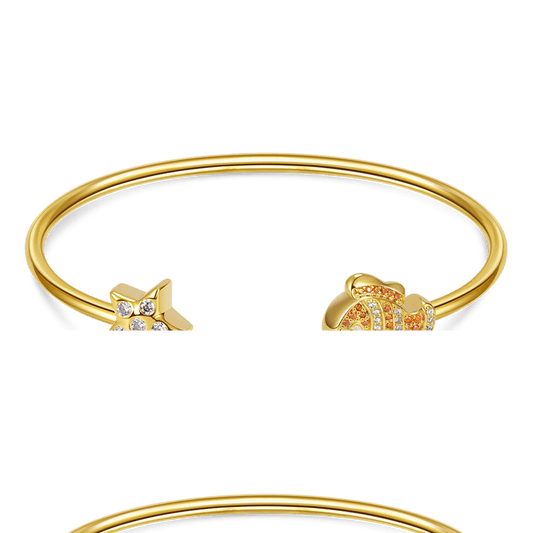 Fish & Starfish Open Bangle Bracelet 18K Gold Plated Inlaid with Clear and Orange CZ Stones_1