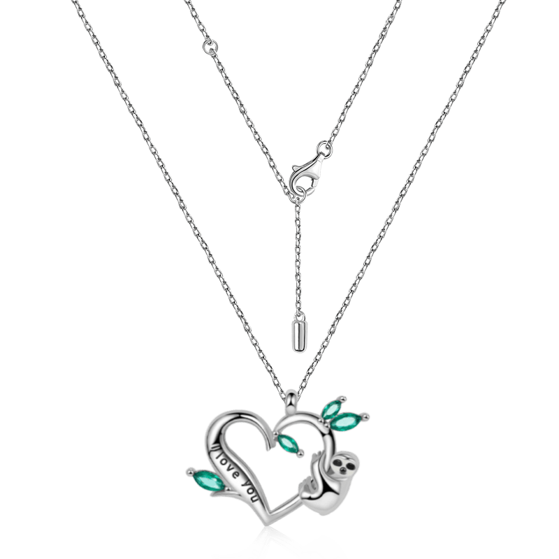 Sloth Necklace 925 Sterling Silver with "I Love You" Engravings and Green Gemstones_2