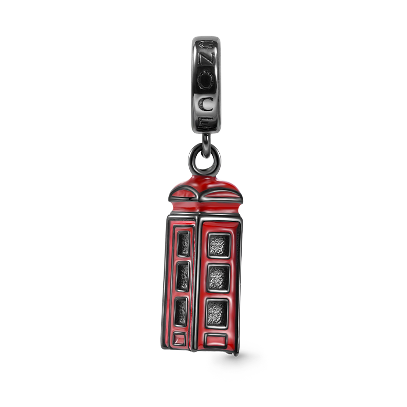 Retro Telephone Booth Pendant Dangle Charm 925 Sterling Silver Black Plated with Red Enamels_1