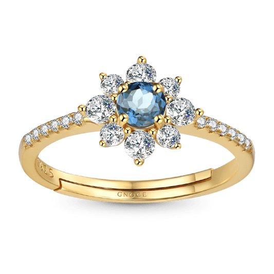 Adjustable Nature Blue Topaz Gemstone Flower Halo Ring 925 Sterling Silver 18k Gold Plated Inlaid with Clear CZ Stones_1