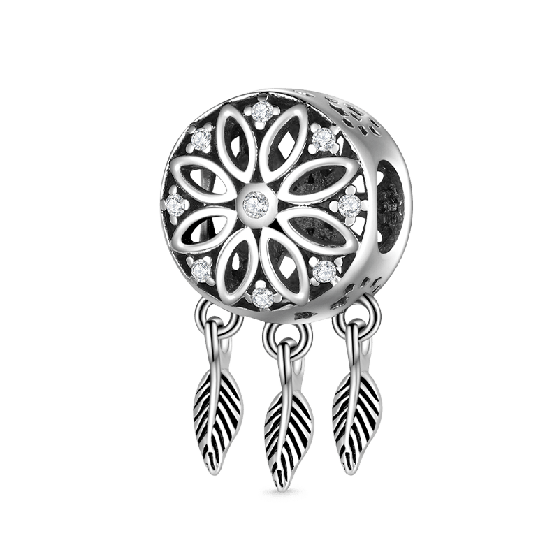Dreamcatcher Leaves Charm Bead 925 Sterling Silver Inlaid with Clear Gemstones_1