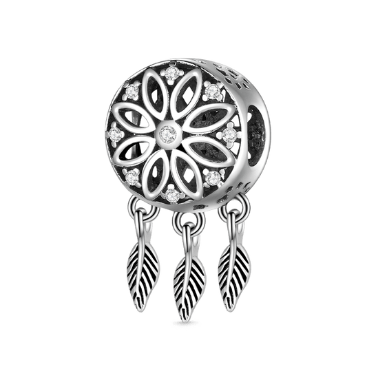 Dreamcatcher Leaves Charm Bead 925 Sterling Silver Inlaid with Clear Gemstones_1