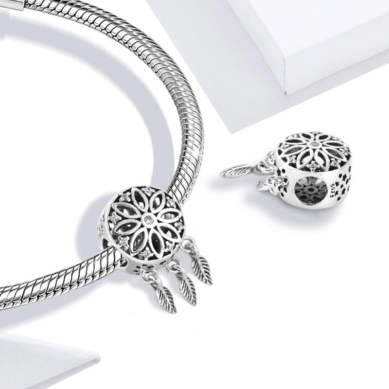 Dreamcatcher Leaves Charm Bead 925 Sterling Silver Inlaid with Clear Gemstones_2
