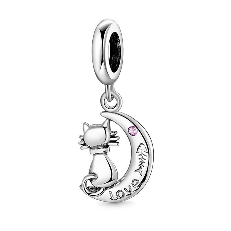 Cute Cat Sitting on Moon Pendant Dangle Charm 925 Sterling Silver_1