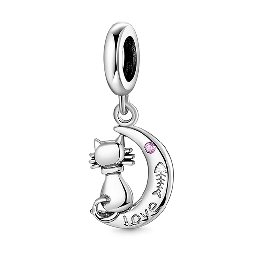 Cute Cat Sitting on Moon Pendant Dangle Charm 925 Sterling Silver_1