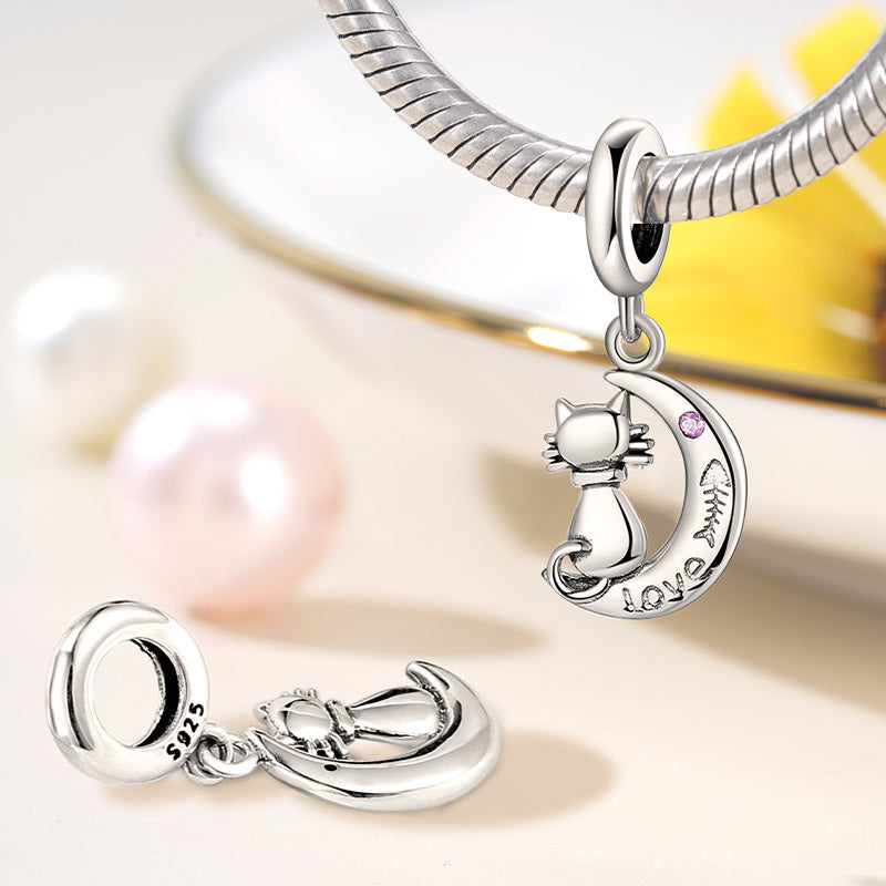 Cute Cat Sitting on Moon Pendant Dangle Charm 925 Sterling Silver_2