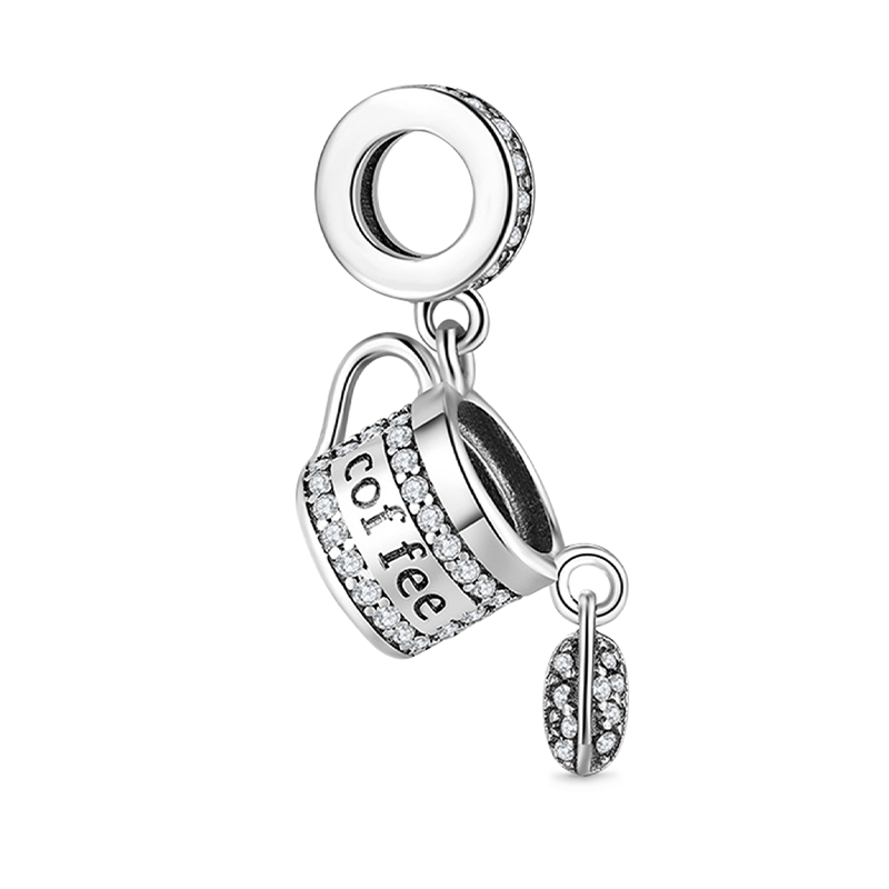 Coffee Pendant Dangle Charm 925 Sterling Silver Inlaid with Clear CZ Stones_1