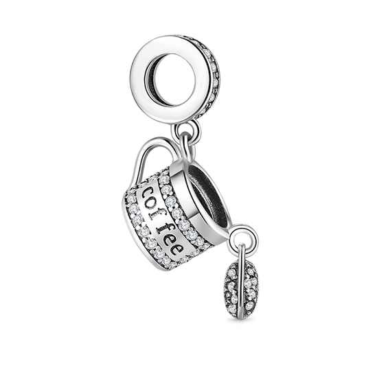 Coffee Pendant Dangle Charm 925 Sterling Silver Inlaid with Clear CZ Stones_1