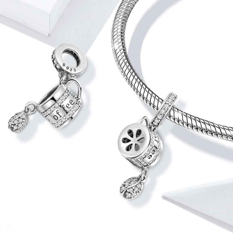 Coffee Pendant Dangle Charm 925 Sterling Silver Inlaid with Clear CZ Stones_2