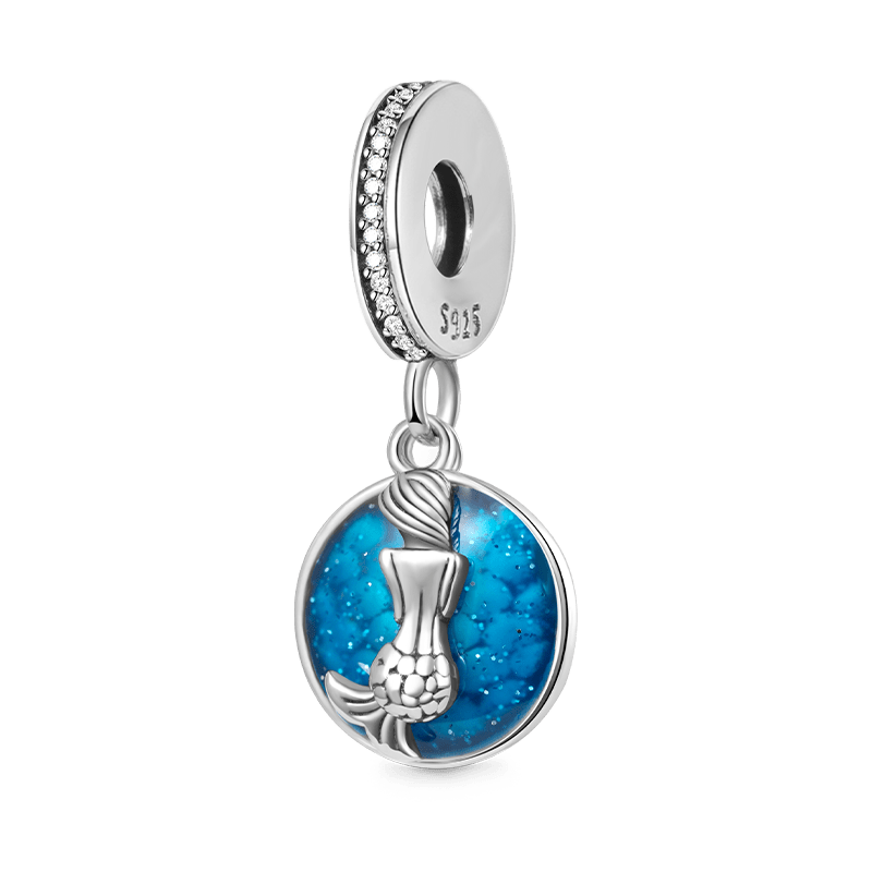 Mermaid & Sea Pendant Dangle Charm 925 Sterling Silver with Glitter Blue Enamels_1