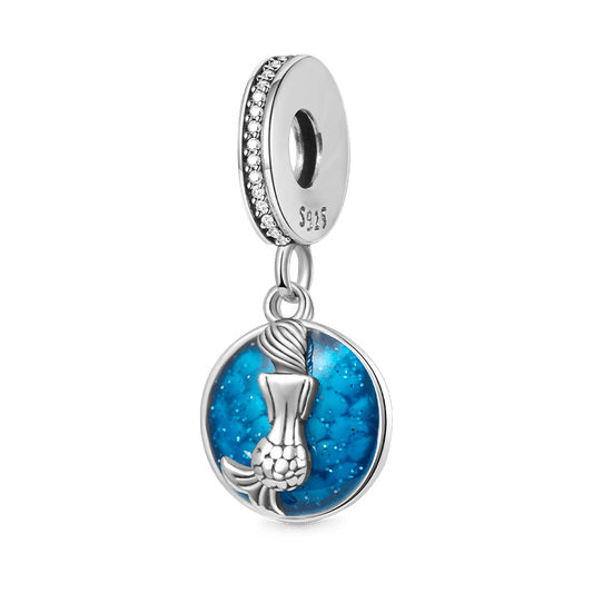 Mermaid & Sea Pendant Dangle Charm 925 Sterling Silver with Glitter Blue Enamels_1