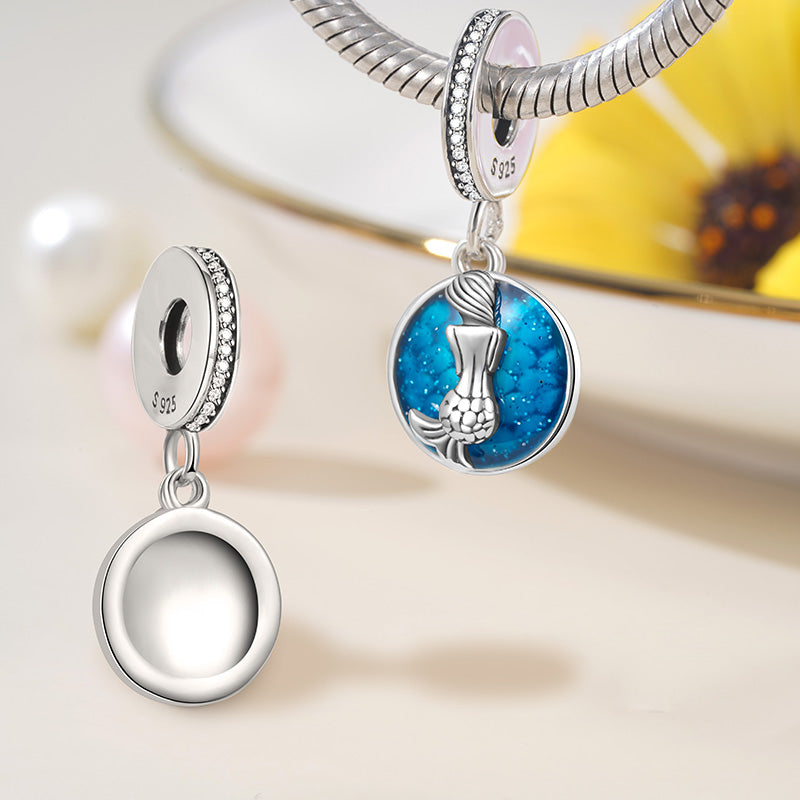 Mermaid & Sea Pendant Dangle Charm 925 Sterling Silver with Glitter Blue Enamels_2