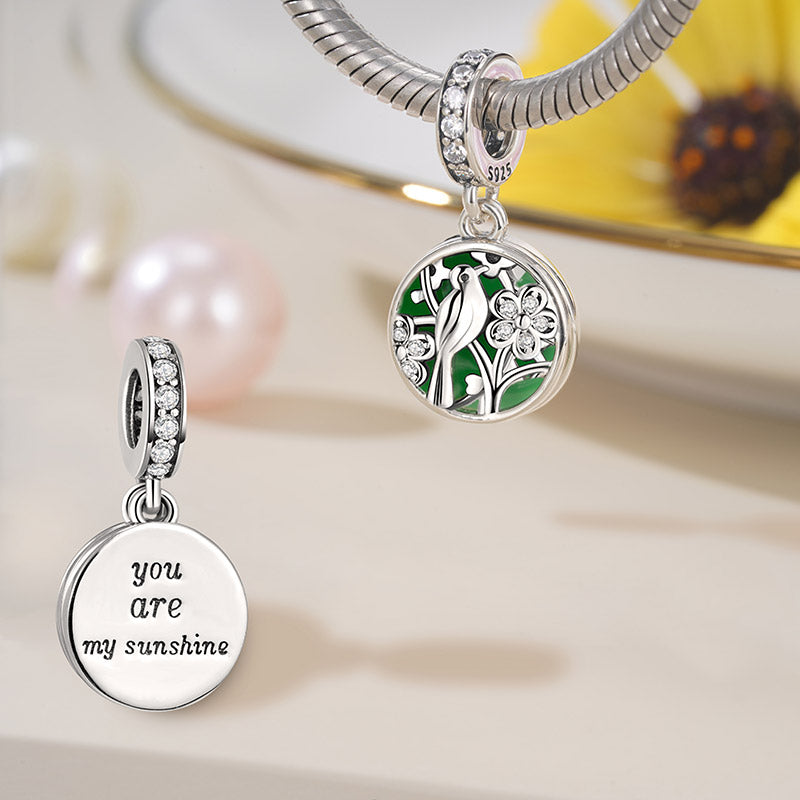 Bird & Flowers Pendant Dangle Charm Back with "You are my sunshine" Engraving 925 Sterling Silver_2