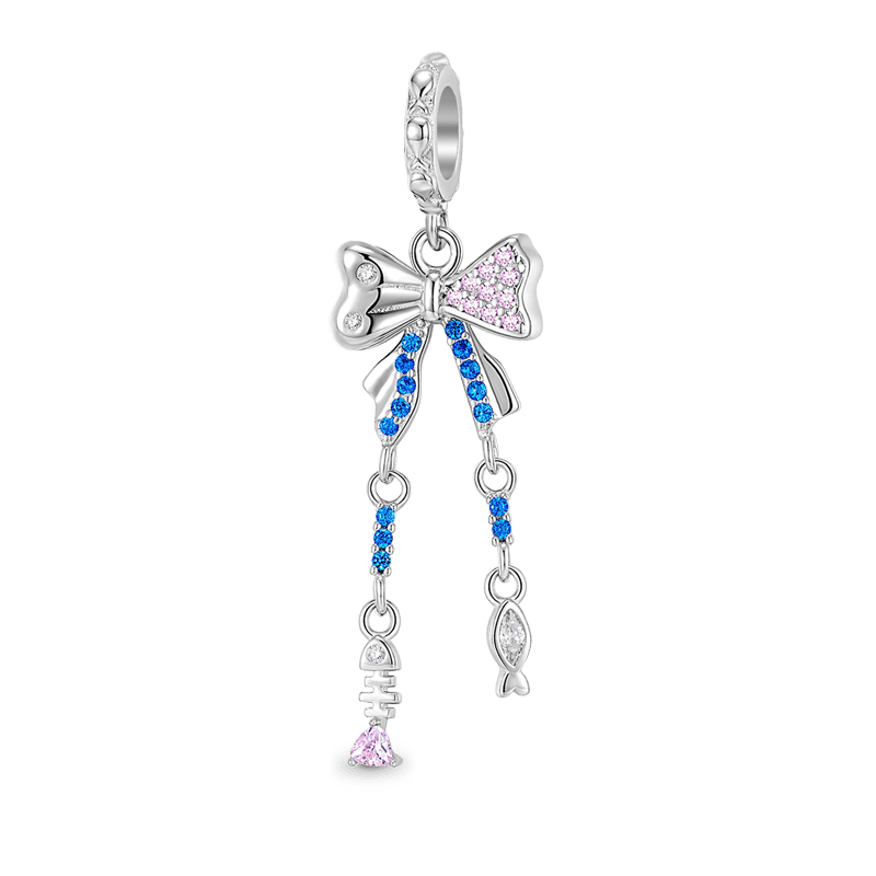 Bowknot with Fishbone Pendant Dangle Charm 925 Sterling Silver Inlaid with Pink & Blue CZ Stones_1