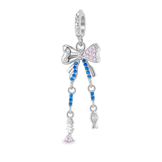 Bowknot with Fishbone Pendant Dangle Charm 925 Sterling Silver Inlaid with Pink & Blue CZ Stones_1
