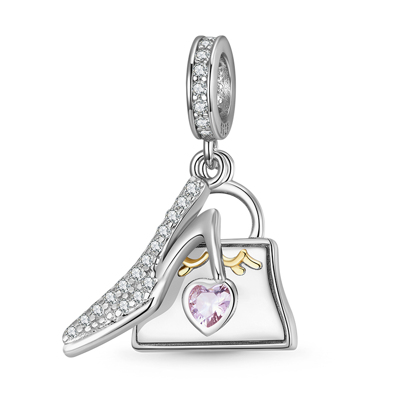 Satchel & High Heels Pendant Dangle Charm 925 Sterling Silver Inlaid with Clear CZ Stones_1