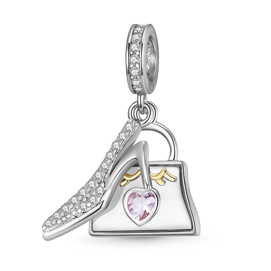 Satchel & High Heels Pendant Dangle Charm 925 Sterling Silver Inlaid with Clear CZ Stones_1