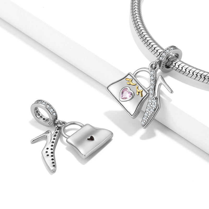 Satchel & High Heels Pendant Dangle Charm 925 Sterling Silver Inlaid with Clear CZ Stones_2