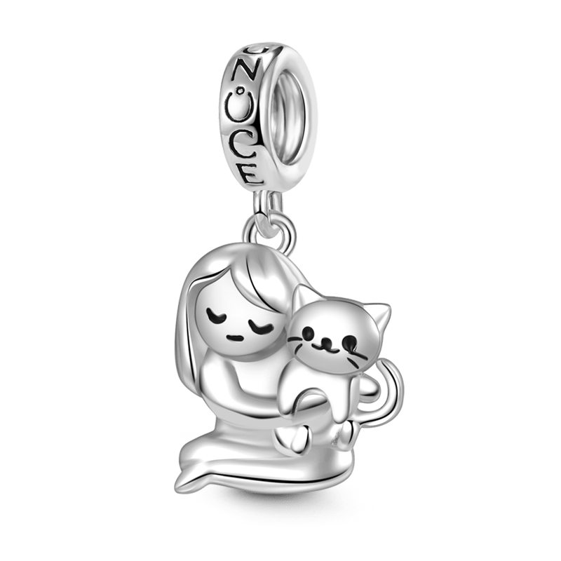 Gnoce "Best Friend" A Lovely Girl Embraces A Cat Pendant Dangle Charm_1