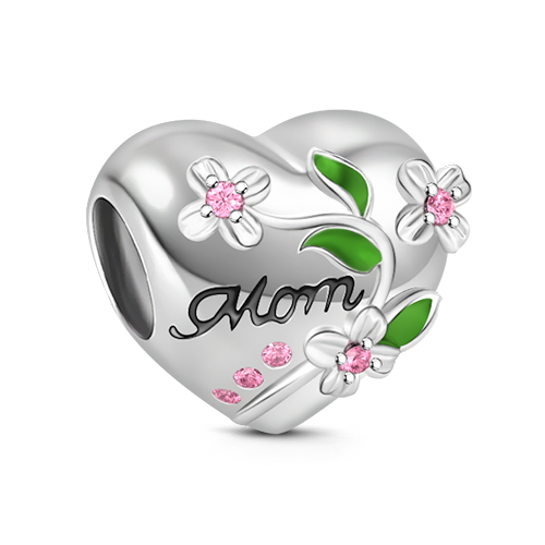 Gnoce "To my Loved Mom" Pink Flower Heart Shape Sterling Silver Bead Charm Engraved with Mom_1