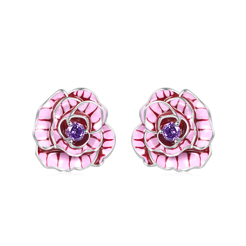 Gnoce Pink Rose Flower Stud Earrings_1