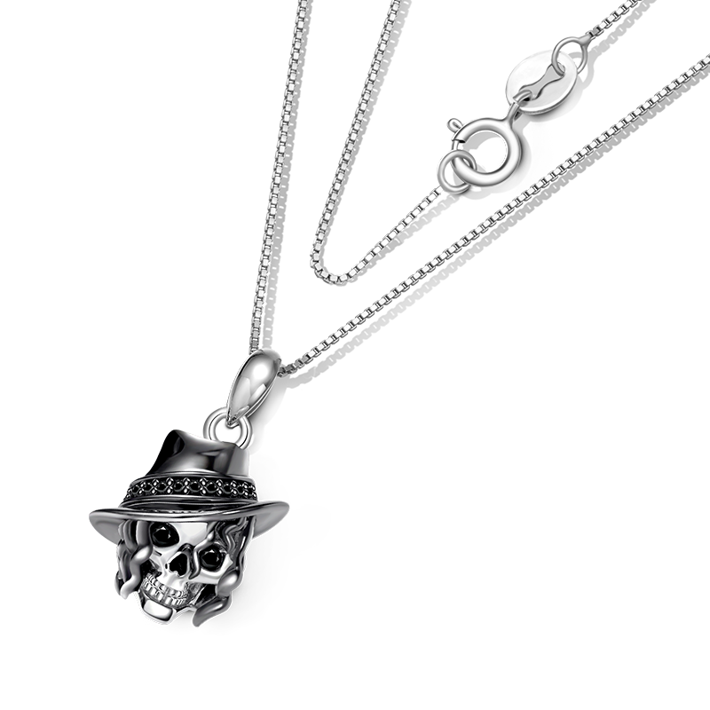 Gnoce Curly Hair Skull with Hat Necklace_2