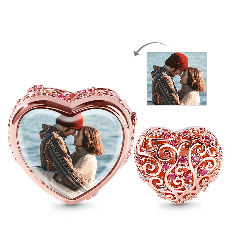 Gnoce "Soulmate" 18k Rosegold Plated Heart shaped Hollow Photo Beads Charm with Red Stone_1