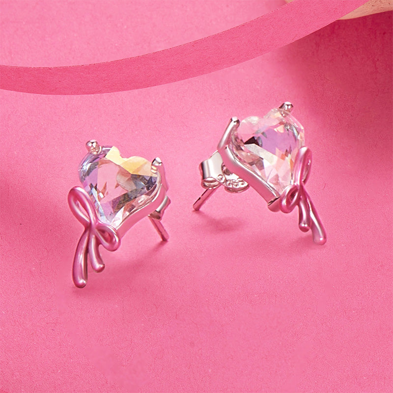 Gnoce Pink Heart Bow Tie Stud Earrings_2