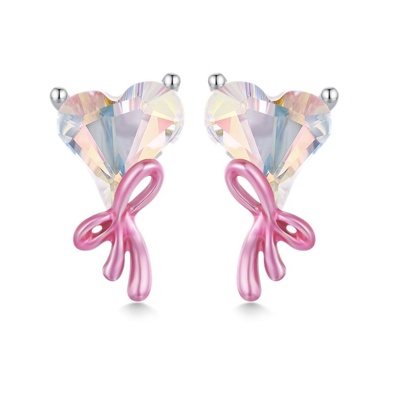 Gnoce Pink Heart Bow Tie Stud Earrings_1