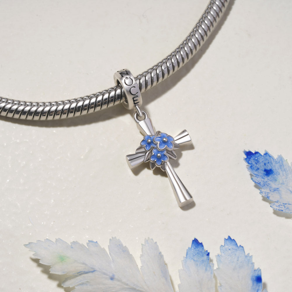Gnoce Blue Flower Cross Pendant Dangle Charm_3