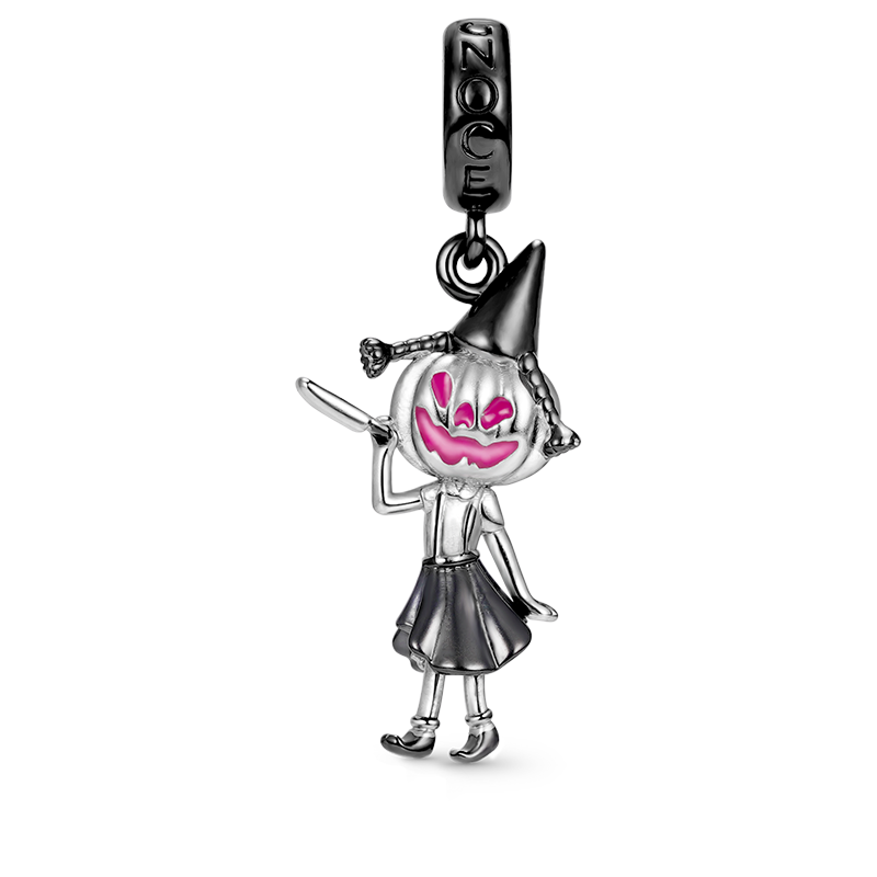 Pumpkin Girl Pendant Dangle Charm 925 Sterling Silver Black Plated with Pink Enamels Gift for Halloween_1