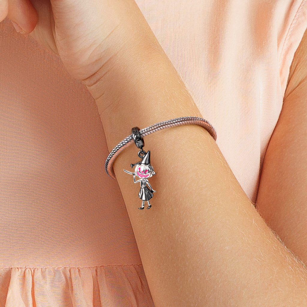 Pumpkin Girl Pendant Dangle Charm 925 Sterling Silver Black Plated with Pink Enamels Gift for Halloween_4