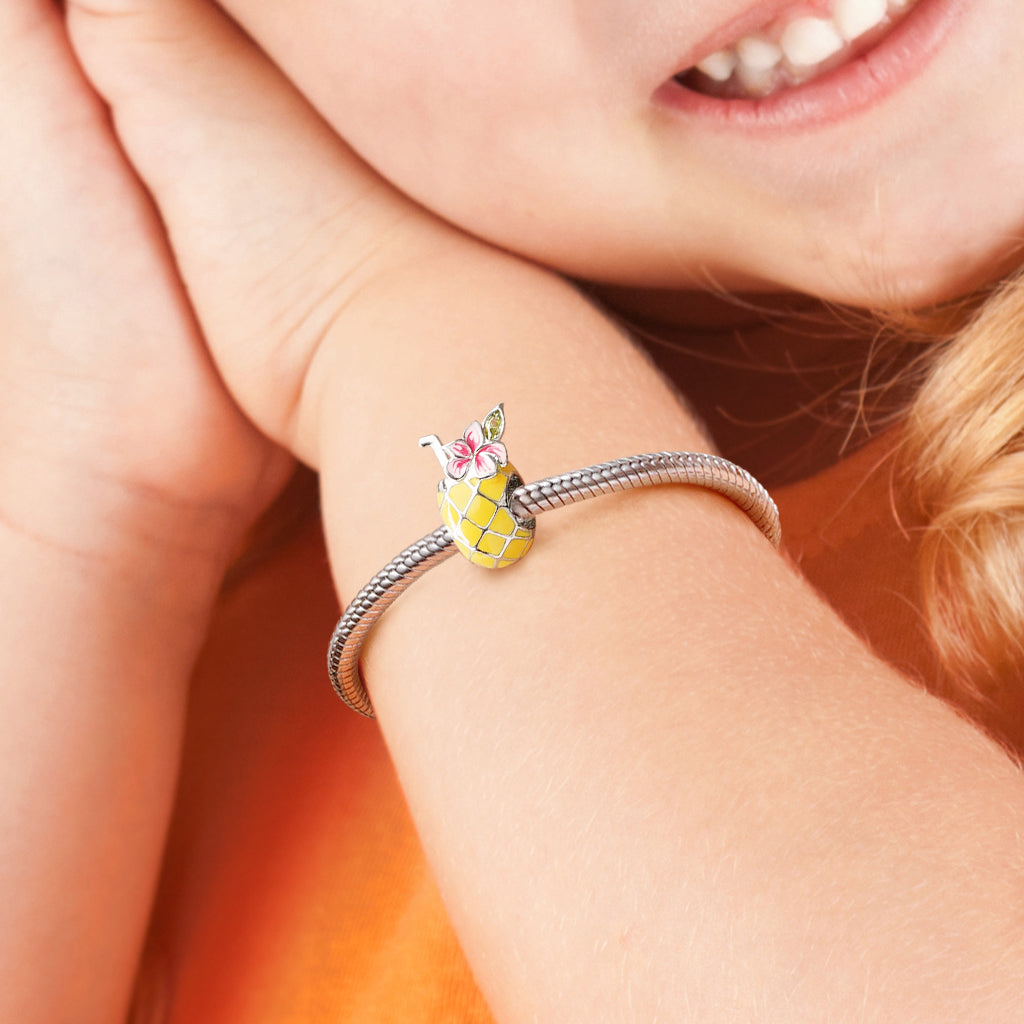 Pineapple Drink Charm Bead 925 Sterling Silver with Yellow Enamels_4
