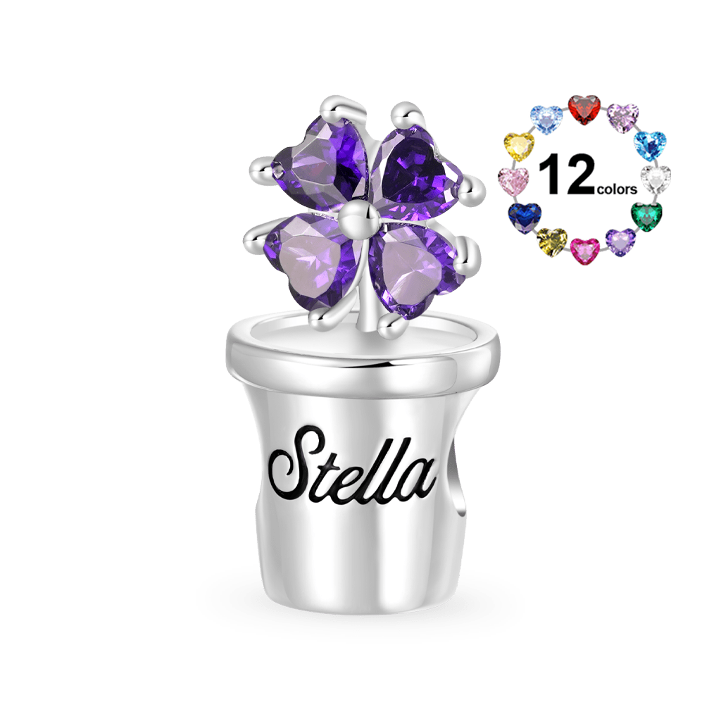 Gnoce Engravable Potted Flower Birthstone Four-leaf Clover Charm_1