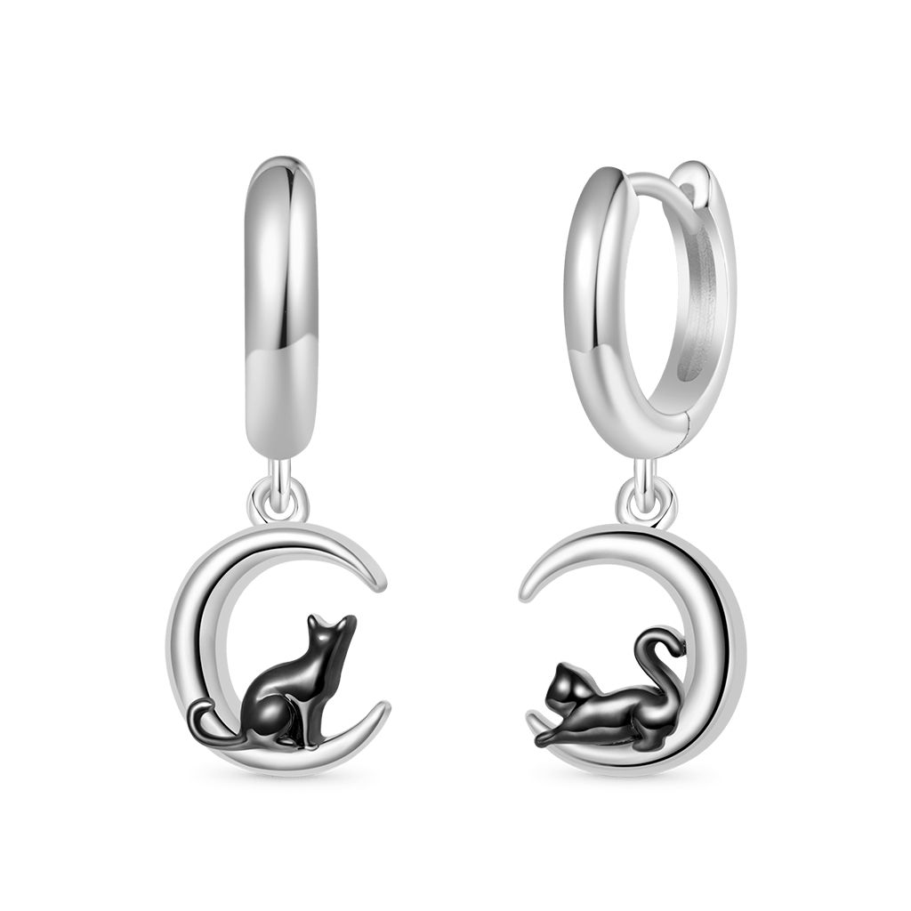 Gnoce Black Cat Moon Asymmetric Hoop Earrings_2