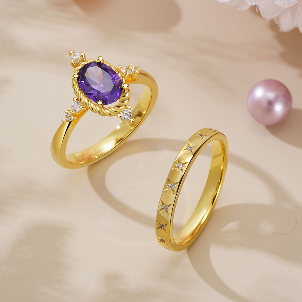 Oval Cut Amethyst Vintage Stacking Engagement Band Ring Set_5
