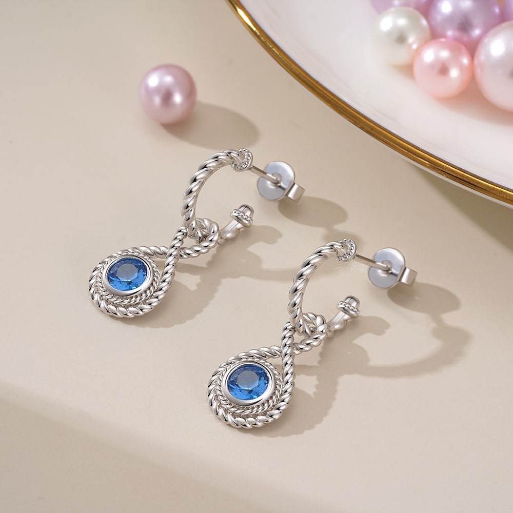 Gnoce Twisted Rope Infinity Dangle Earrings Inlaid with Blue Round Stone_3