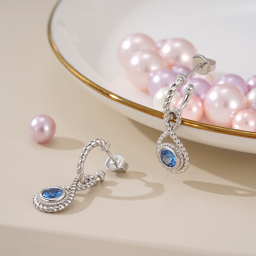 Gnoce Twisted Rope Infinity Dangle Earrings Inlaid with Blue Round Stone_4