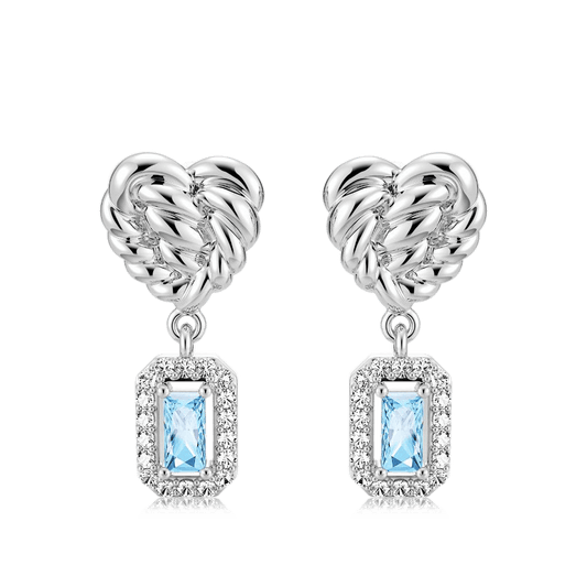 Gnoce Twisted Heart & Emerald Cut Blue Topaz Halo Drop Earrings_1