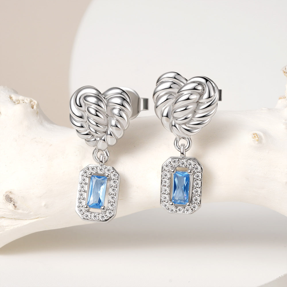 Gnoce Twisted Heart & Emerald Cut Blue Topaz Halo Drop Earrings_4
