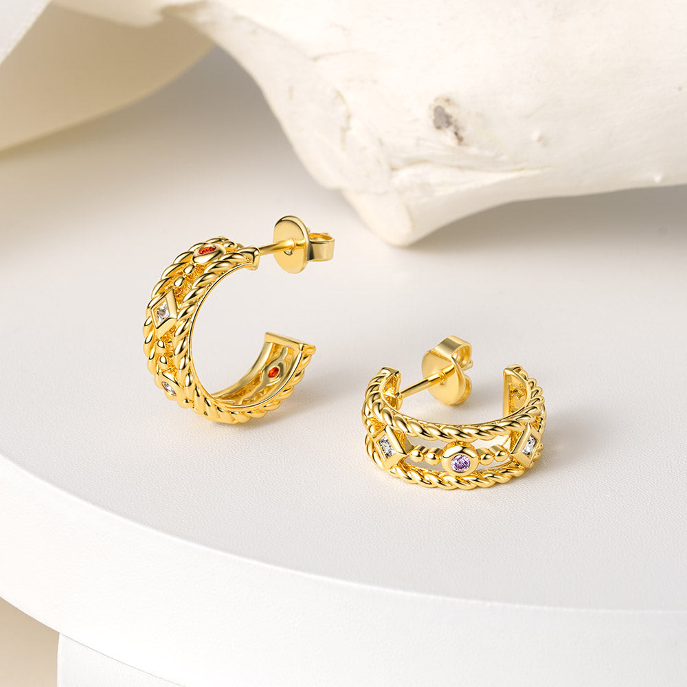 Gnoce Twisted Rope Colorful Gems Inlaided Hoop Earrings_4