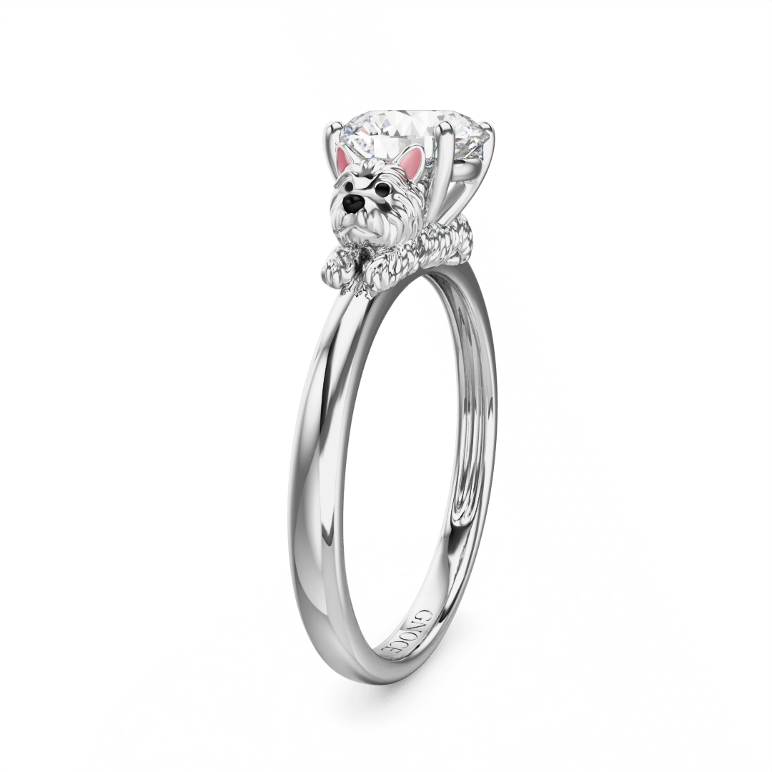 Gnoce West Highland White Terrier Embraces Moissanite Round Cut Ring_5