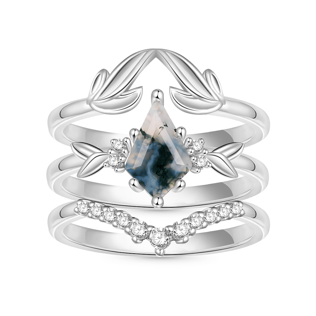 Gnoce Agate Leaf Stackable Ring Set Platinum-plated Silver Blend_1